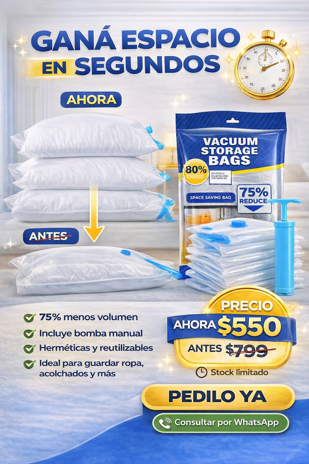 Pack x5 Bolsas de Vacío Compresoras + Bomba Manual