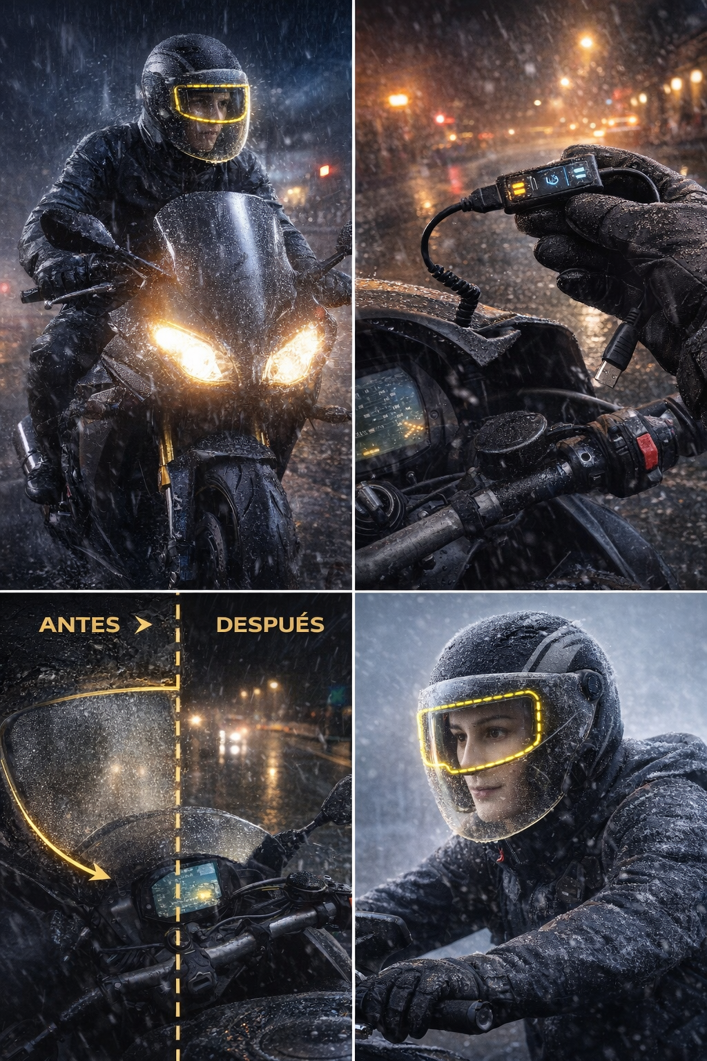 Desempañador Eléctrico 12V + USB para Casco de Moto | Anti Empaño | Visión Clara Bajo Lluvia y Frío