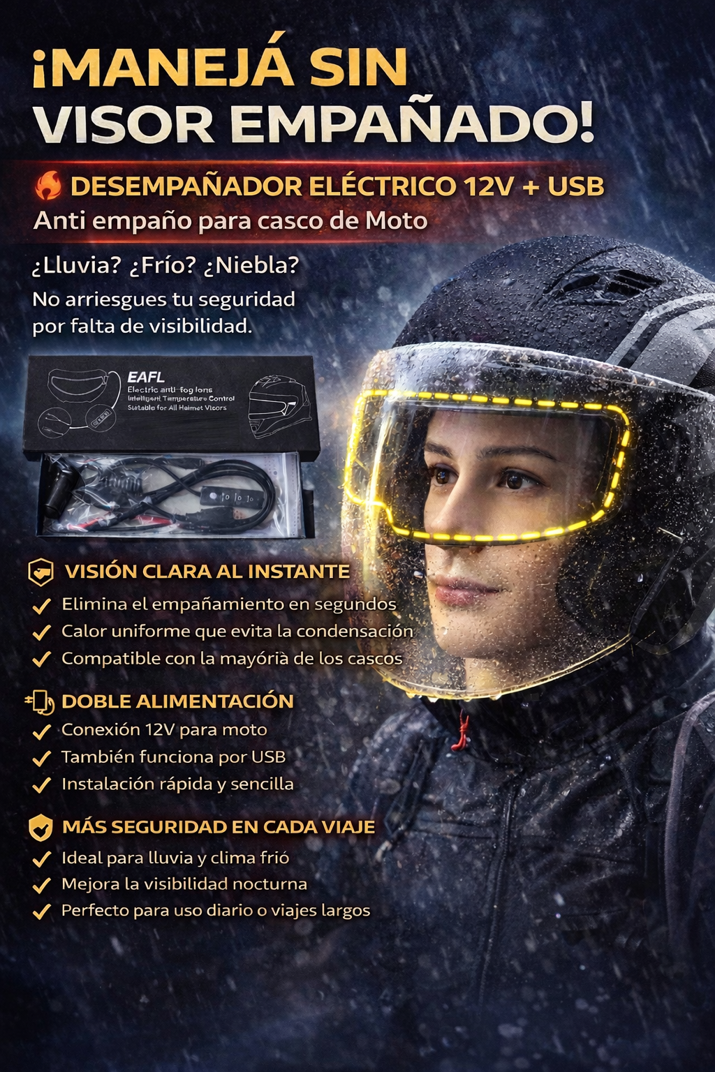 Desempañador Eléctrico 12V + USB para Casco de Moto | Anti Empaño | Visión Clara Bajo Lluvia y Frío