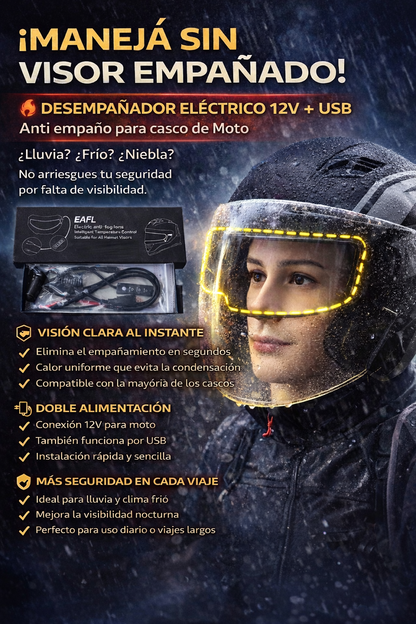 Desempañador Eléctrico 12V + USB para Casco de Moto | Anti Empaño | Visión Clara Bajo Lluvia y Frío