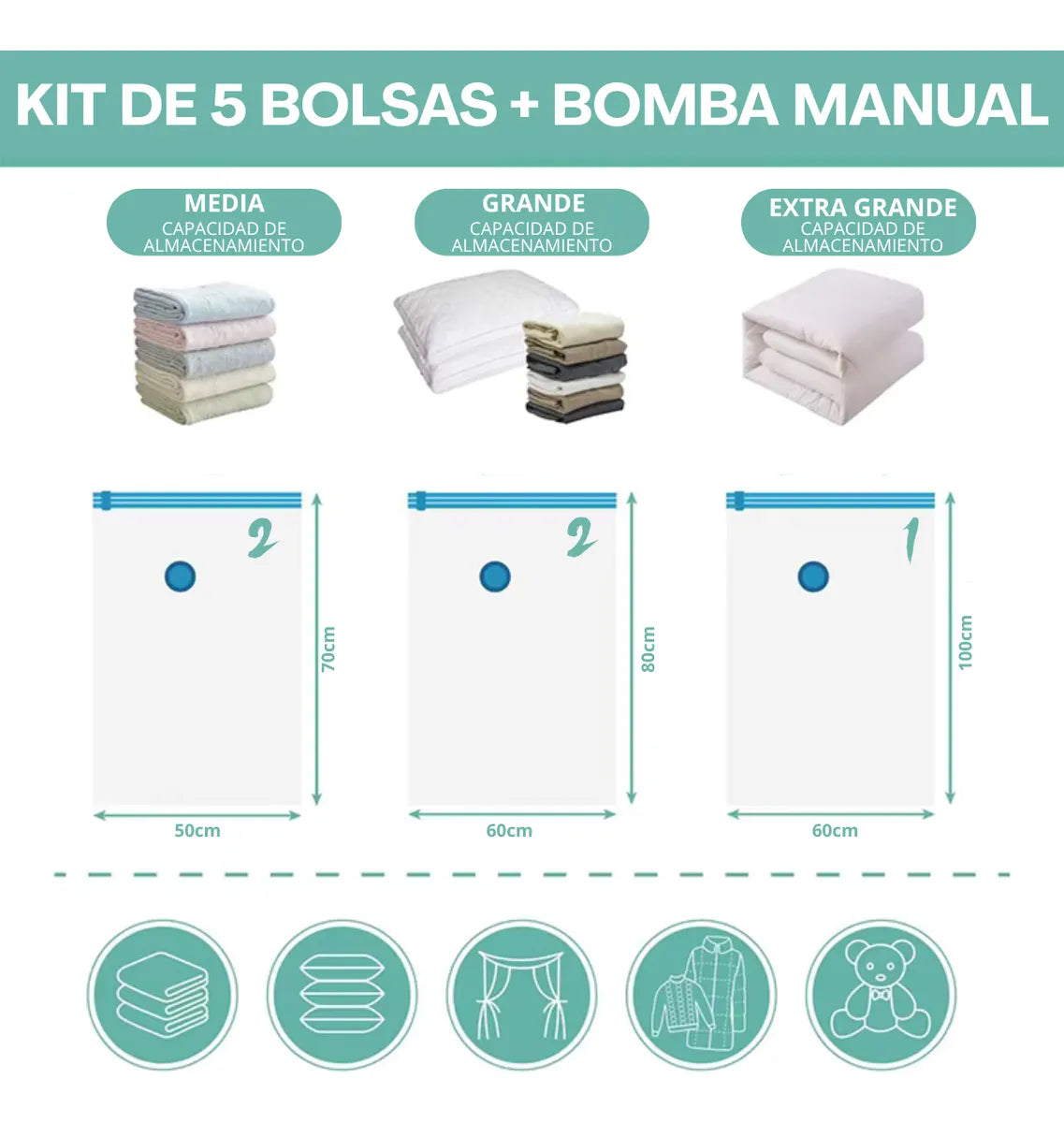 Pack x5 Bolsas de Vacío Compresoras + Bomba Manual